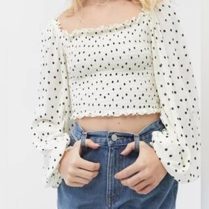 Urban Outfitters Cream/Black Polka Dot Ryan Smocked LongSleeved Top Sz L.